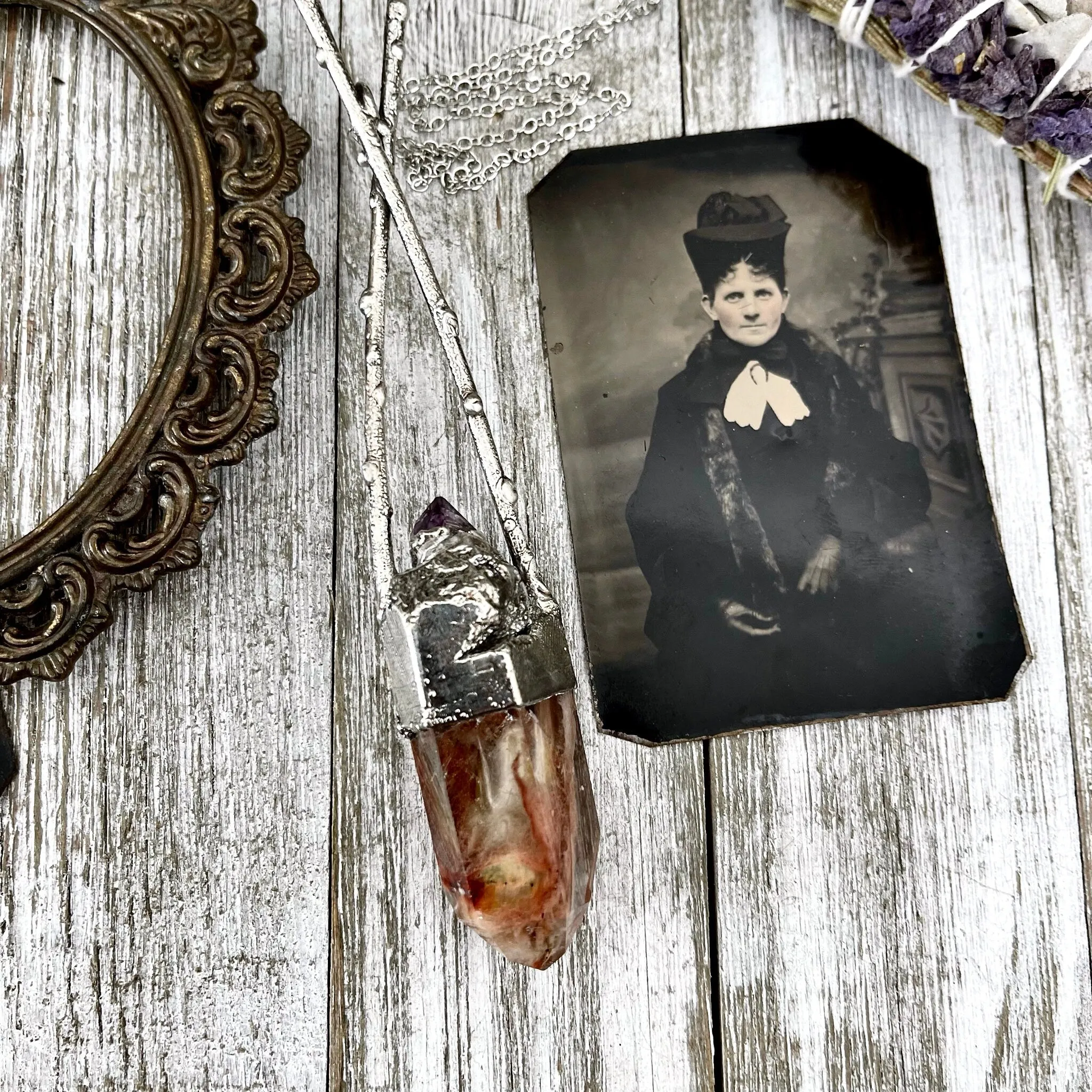 Sticks & Stones Collection- Raw Amethyst Fire Quartz Necklace in Fine Silver // Big Crystal Necklace /