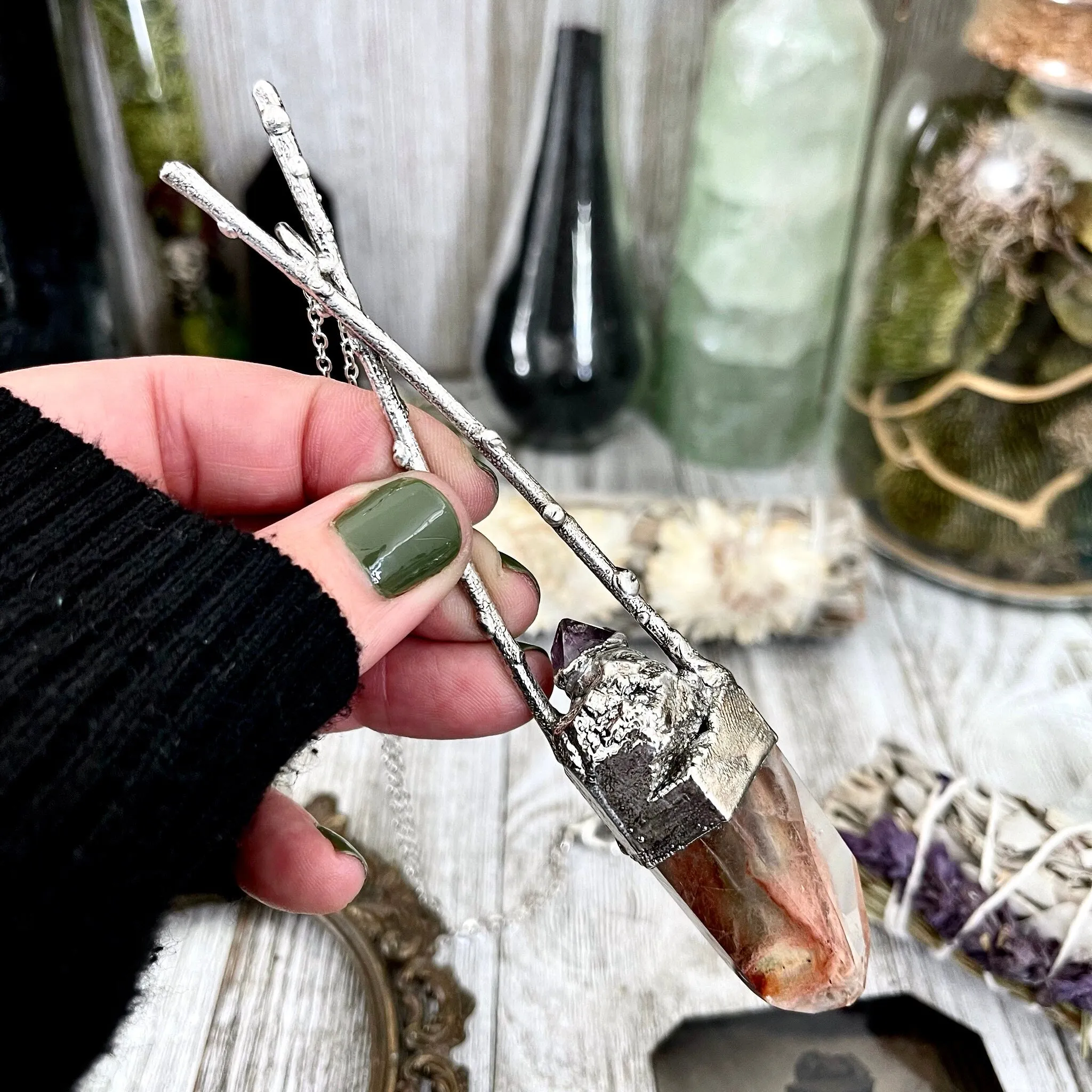 Sticks & Stones Collection- Raw Amethyst Fire Quartz Necklace in Fine Silver // Big Crystal Necklace /