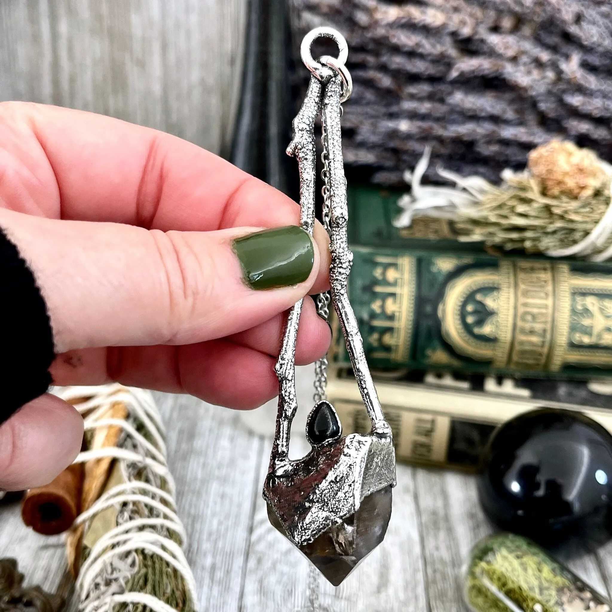 Sticks & Stones Collection- Smokey Quartz and Black Onyx Necklace in Fine Silver /