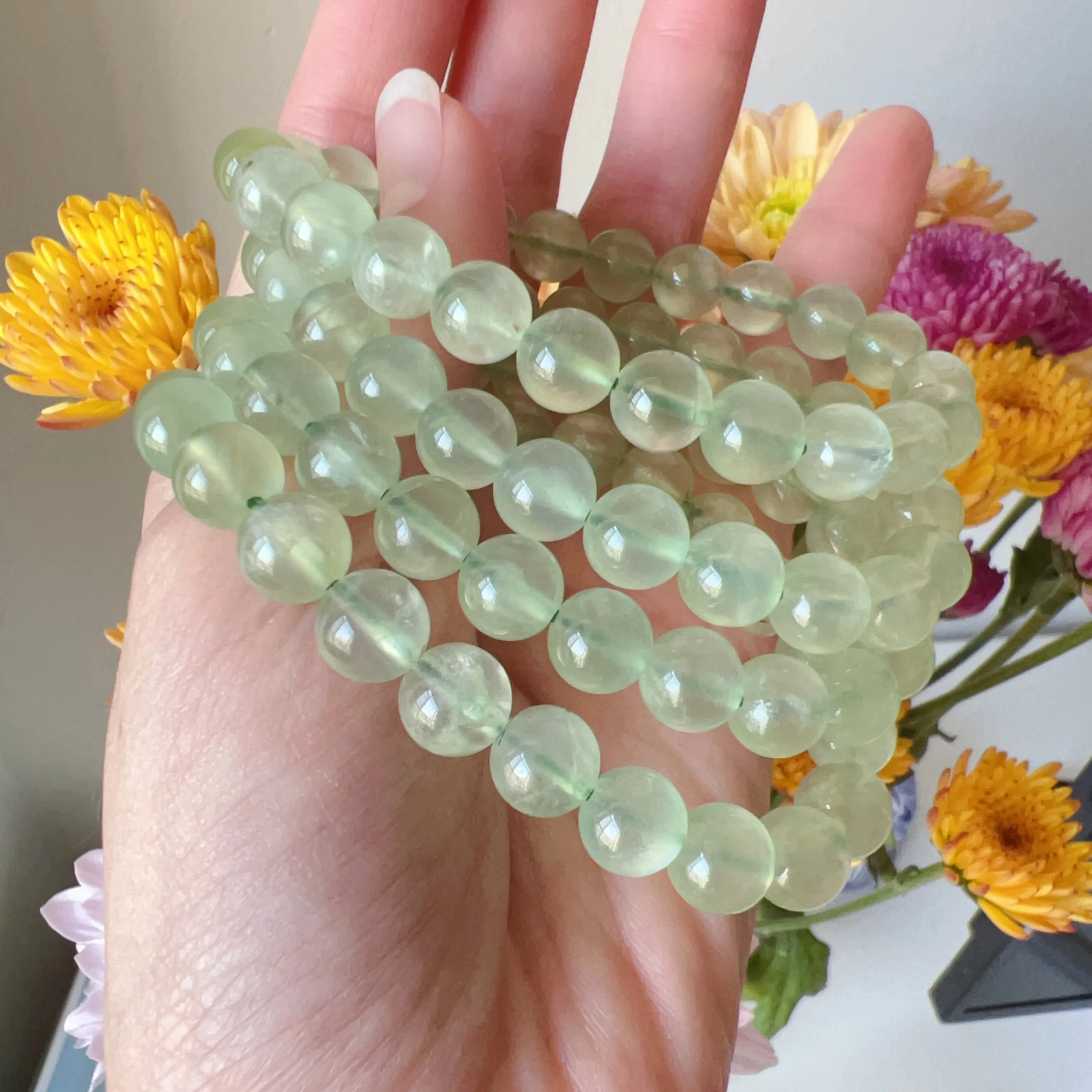 Stone of Hope Best Green Color Prehnite Bracelet 8.7mm Natural Heart Chakra Healing Stone