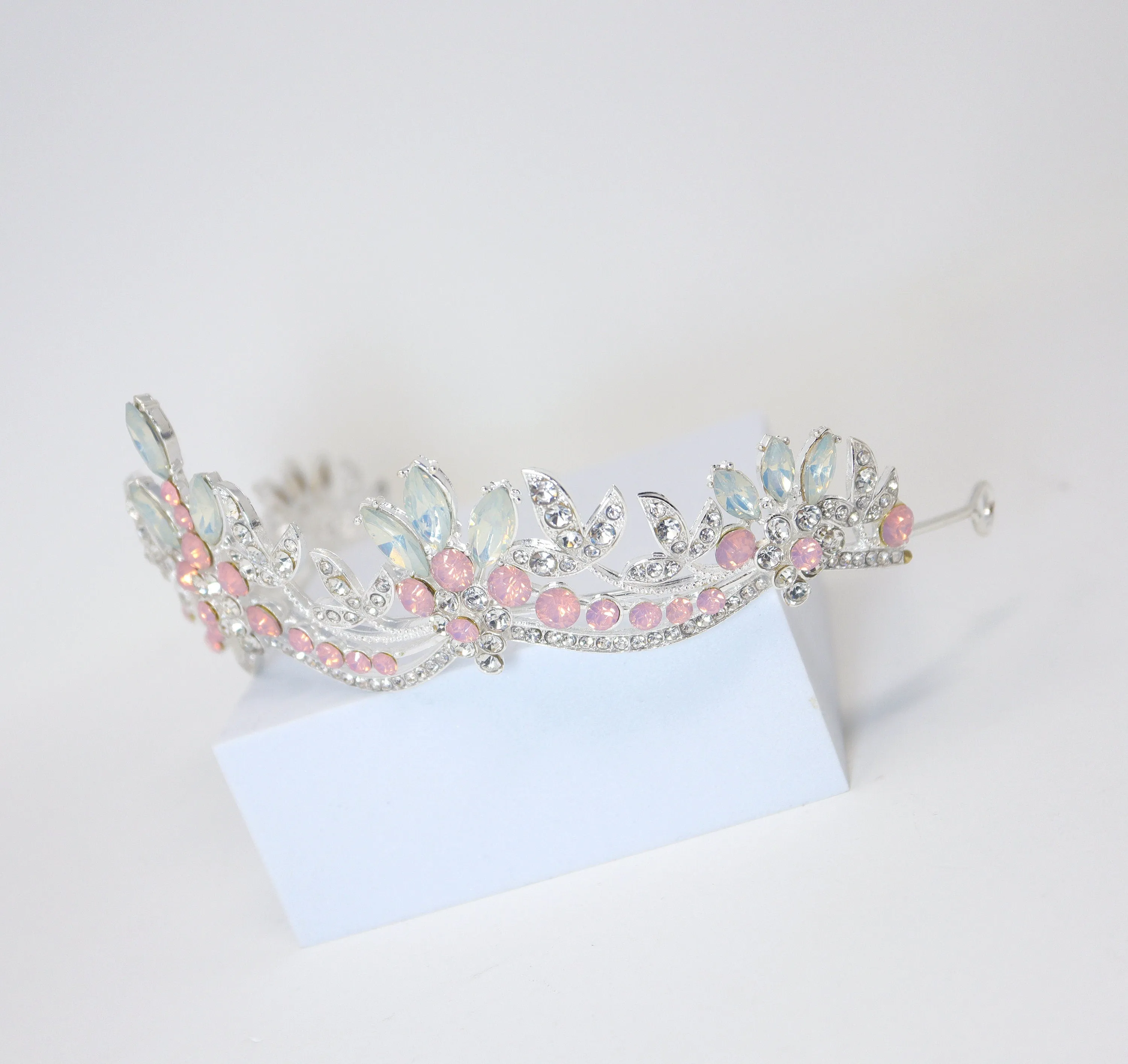 Swarovski Crystal Something Blue Opal And Pink Floral Leaves Tiara , Bridal Tiara, Crystal Wedding Tiara, Crystal Wedding Crown, Tiara Bride