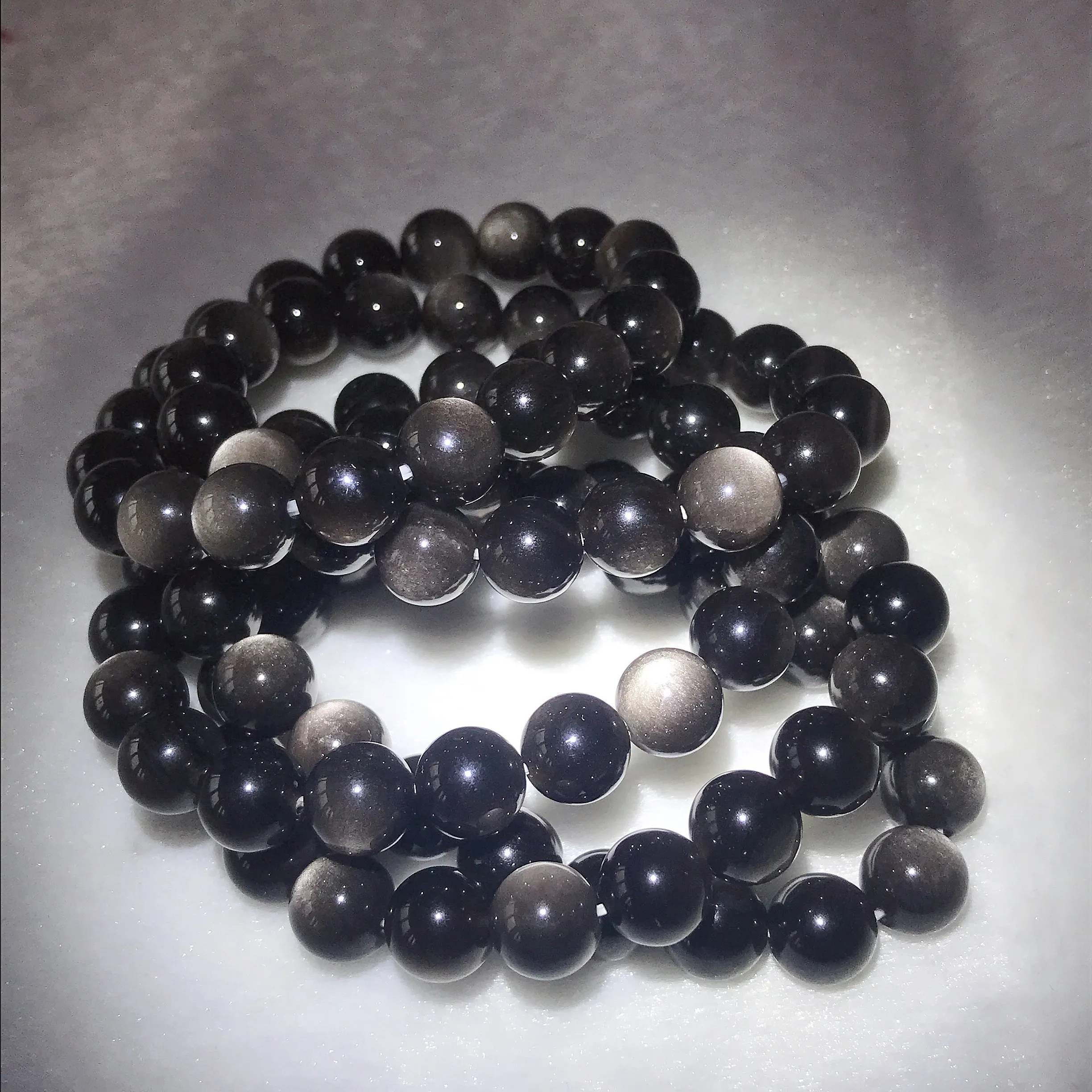 Top Grade 10mm Silver Sheen Obsidian Bracelet | Handmade Men Women Reiki Healing Stone