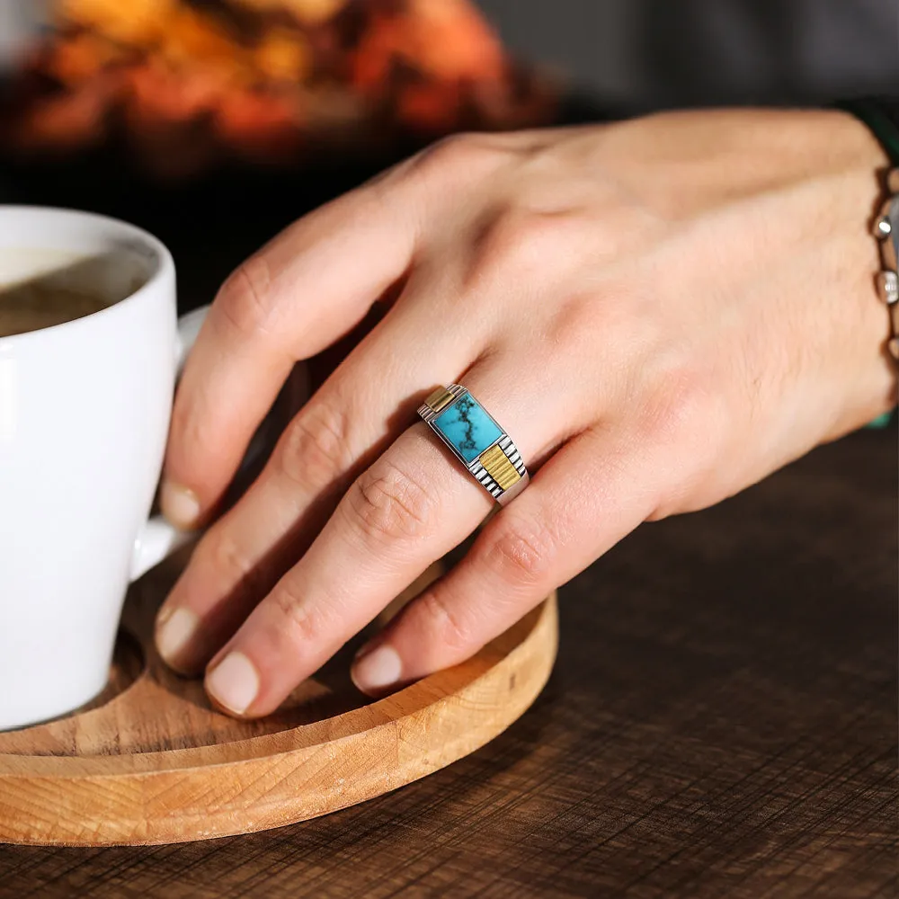 Turquoise Jewelry Men's Heavy Wide Statement Ring Solid Fine 14k White Gold Ring