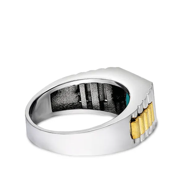 Turquoise Jewelry Men's Heavy Wide Statement Ring Solid Fine 14k White Gold Ring