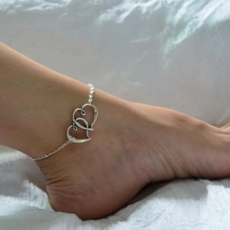 Two Hearts As One Silver Anklet