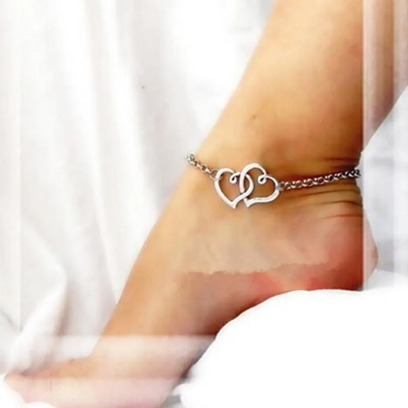 Two Hearts As One Silver Anklet