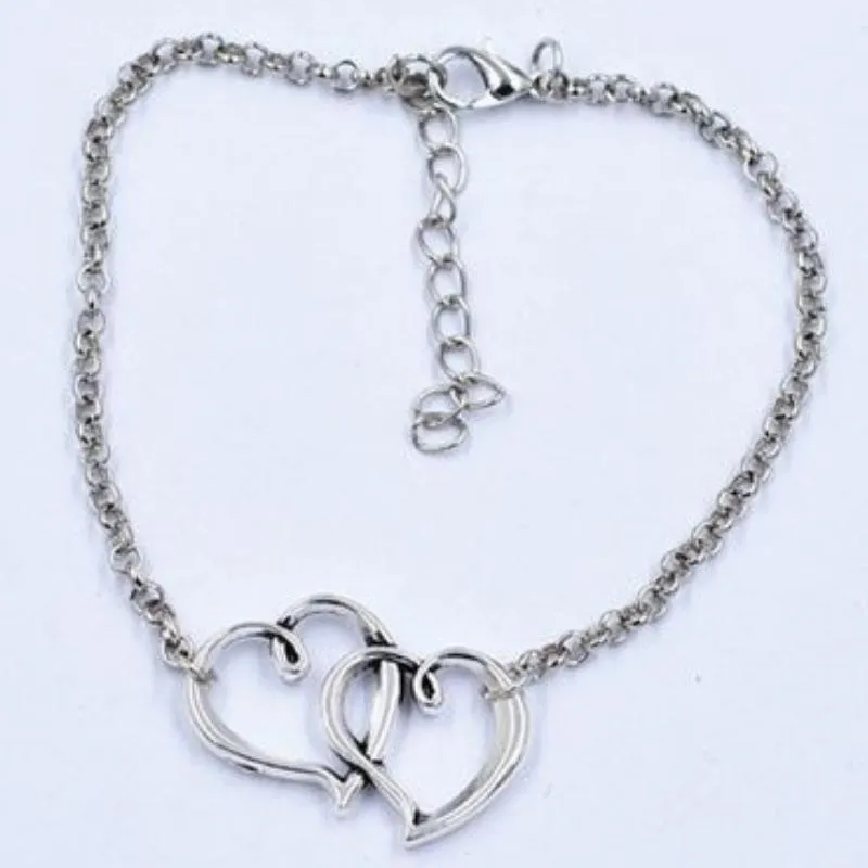 Two Hearts As One Silver Anklet