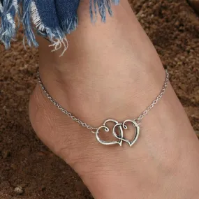 Two Hearts As One Silver Anklet