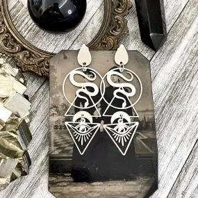 Unique Snake and All Seeing Eye Earrings Sterling Silver & Stainless Steel Earrings  / Long Dangly Geometric Earrings