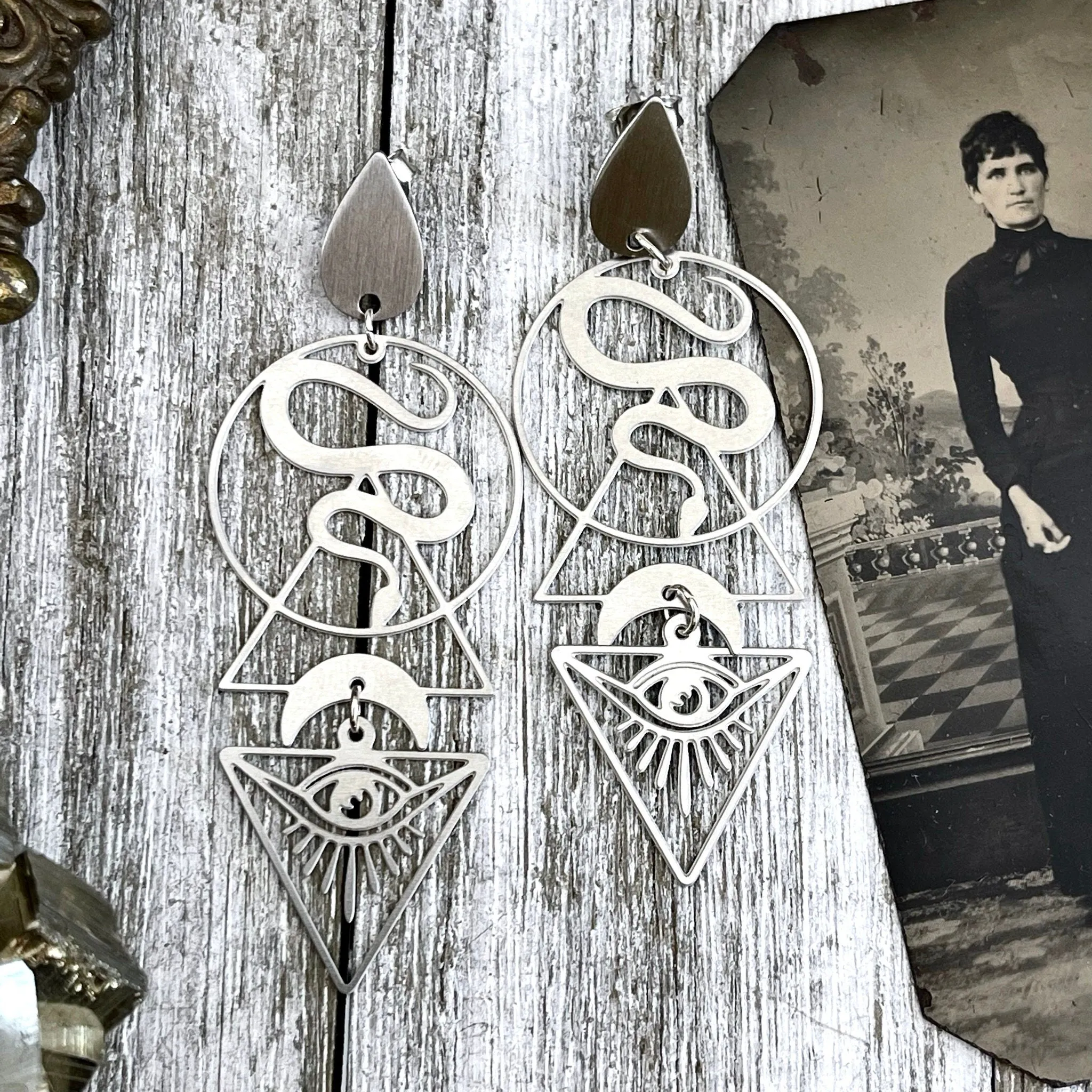 Unique Snake and All Seeing Eye Earrings Sterling Silver & Stainless Steel Earrings  / Long Dangly Geometric Earrings