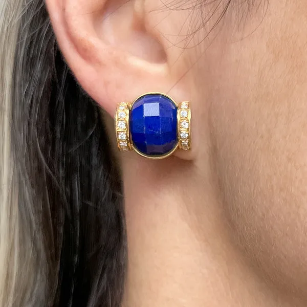 Vintage Lapis & Diamond Clip Earrings