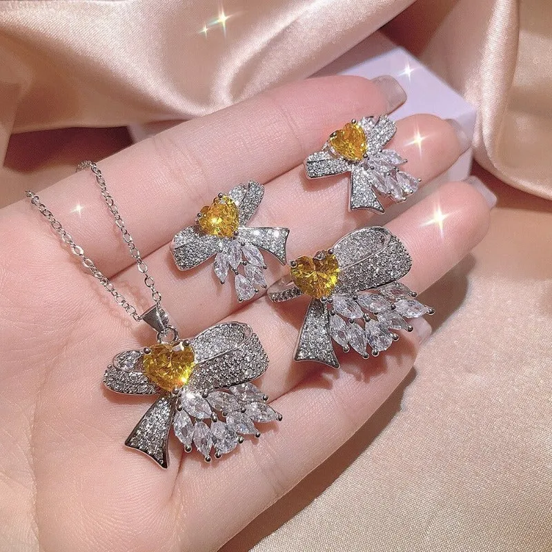 Women's Jewelry 3 Piece Set With Zircon Bow Ring Earrings Necklace